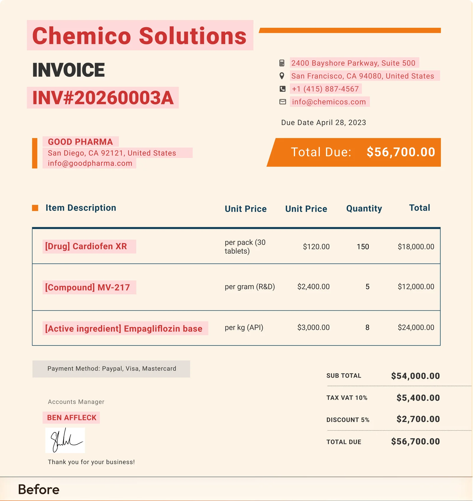 Invoice before desensitization showing sensitive data